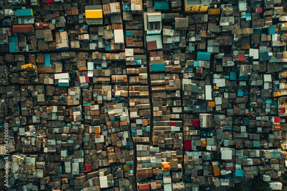 This aerial photo captures a vast expanse of houses, showcasing the sheer number and density of homes in the area, A densely-packed slum from an aerial perspective, AI Generated This aerial photo captures a vast expanse of houses, showcasing the sheer number and density of homes in the area, A densely-packed slum from an aerial perspective, AI Generated
