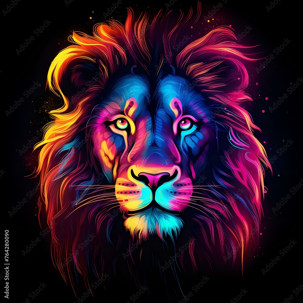 Vibrant neon lion portrait with abstract colorful strokes on a black background
