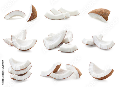Various groups of fresh coconut pieces on white background