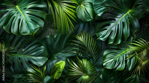 Tropical leaves background. Top view of Monstera leaves background, wallpaper © Spyrydon