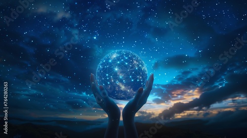 A depiction of abstract science with a circle of global network connections held in hands against a night sky, resonating with themes of connectivity in a blue-toned setting