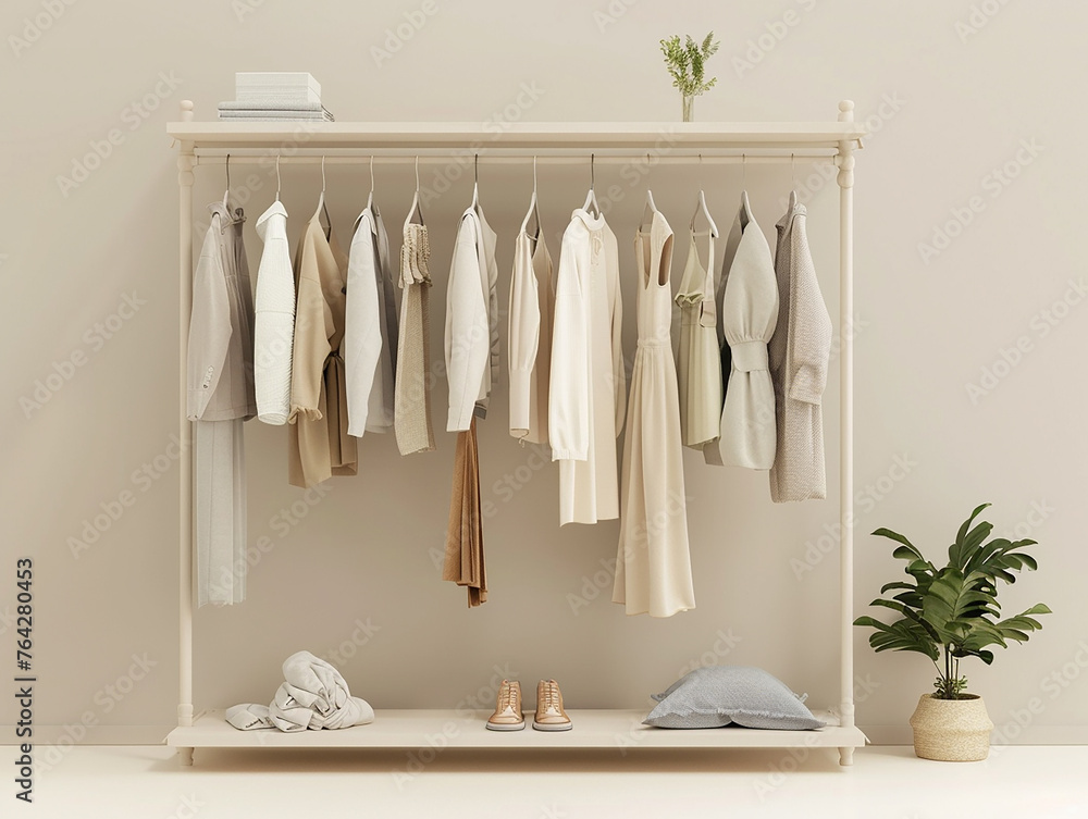  Collection of clothes hanging on a rack in neutral beige colors. Clothes on grunge background, shelf on cream background.