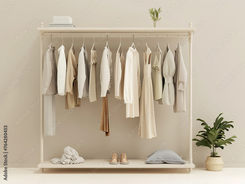 Collection of clothes hanging on a rack in neutral beige colors. Clothes on grunge background, shelf on cream background. Collection of clothes hanging on a rack in neutral beige colors. Clothes on grunge background, shelf on cream background.