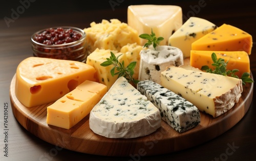 Various types of cheese arranged on a wooden plate