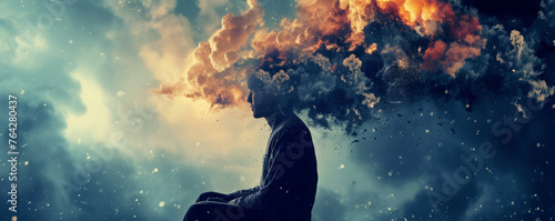 Creative man background. A person in contemplation with a head dissolving into a dramatic sky, symbolizing deep thought and the power of the mind. A surreal and artistic representation photo