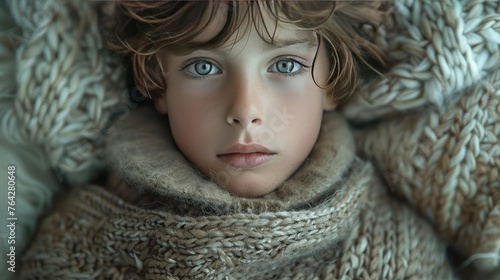 A detailed close-up of a boy in a textured, knitted sweater, his gaze reflective and mature, set in a cozy indoor setting Captured in 16k, realistic, full ultra HD, high resolution © rao zabi