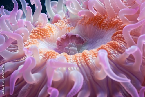 Close Up of a Pink and Orange Sea Anemone, A detailed look inside the sea anemone's home, bursting with character, AI Generated © Ifti Digital