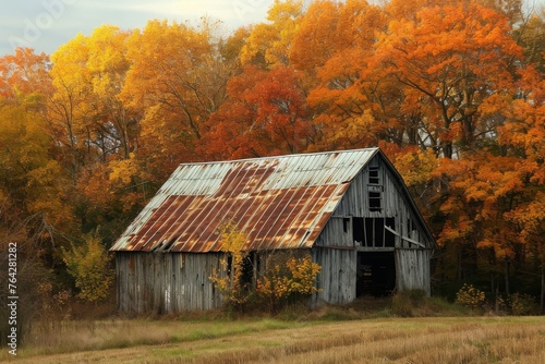 An aged barn stands in a vast field, surrounded by tall trees and under a clear sky, A dilapidated barn in an autumn setting, AI Generated © Ifti Digital