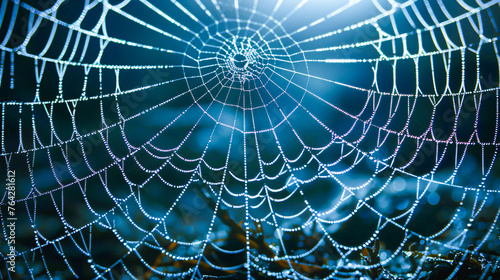 Spiders web glistening with morning dew  natures intricate trap  macro view
