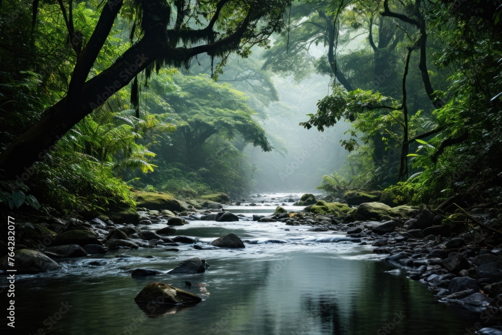 A stream winds its way through dense, vibrant green forest A stream winds its way through dense, vibrant green forest