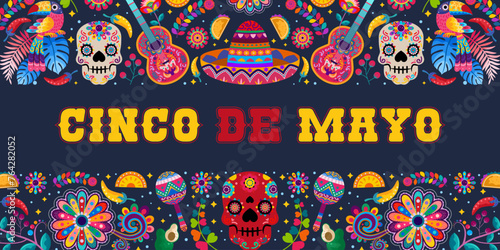 cinco de mayo banner with colorful Mexican flowers. Fiesta, holiday poster, party flyer, greeting card