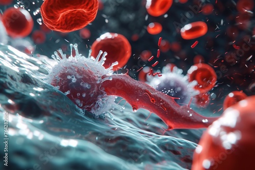 Red and white blood cells are floating in a clear liquid, showcasing their distinct shapes and colors, A dramatic scene of white blood cells attacking a bacteria in the bloodstream, AI Generated photo