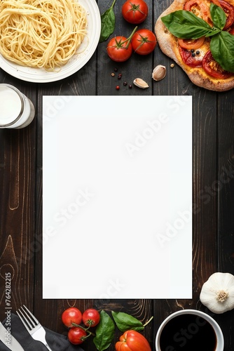 Menu background food template. Healthy meal Pasta and pizza style dining. Tomatoes, spaghetti and basil. A sense of authentic rural Italy restaurant. wood background. Delicious meal. Yum!