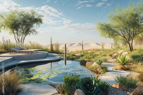 A pool nestled amongst a rocky landscape and vibrant desert plants  creating a striking contrast  A dream-like oasis in a hot desert terrain  AI Generated