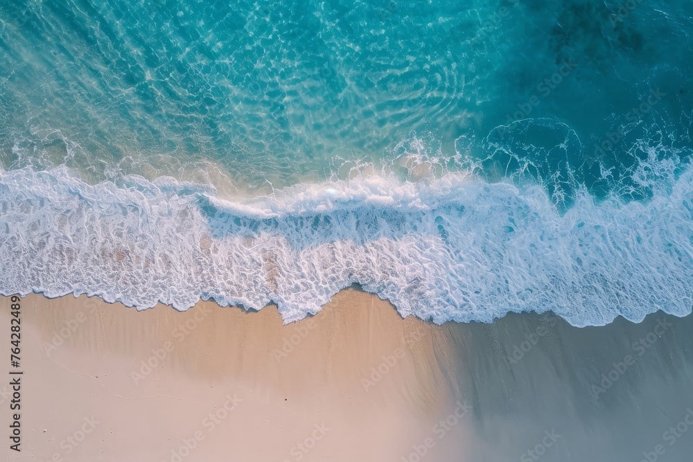 An aerial perspective of a sandy beach and the vast expanse of the ocean, A drone's view of sandy beaches and crystal clear waves, AI Generated