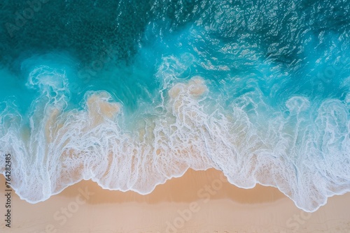 An aerial view showcasing the sandy beach and the vast expanse of the ocean, A drone's view of sandy beaches and crystal clear waves, AI Generated