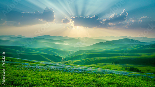Sunrise over mountain meadow, scenic beauty, tranquil environment, inspiring nature