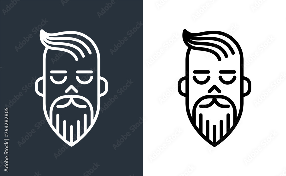 Bearded man head logo in trendy linear art style, simple minimal modern vector icon.