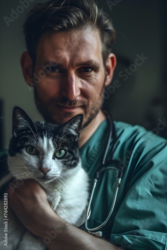 female veterinarian with a cat. Artistic Photo portrait in a veterinary clinic on an open aperture. Medicine for animals. Animal protection