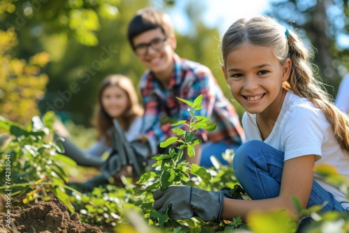 A diverse group of individuals actively participating in gardening activities in a vibrant outdoor setting, A family participating in community service, AI Generated