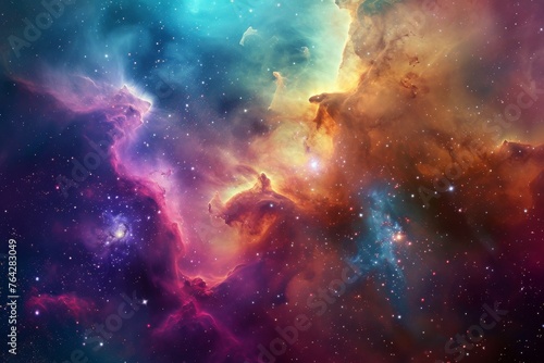 This photograph showcases a vibrant and dynamic space illuminated by numerous stars, A fantastical celestial cloud in myriad hues of a nebula, AI Generated photo