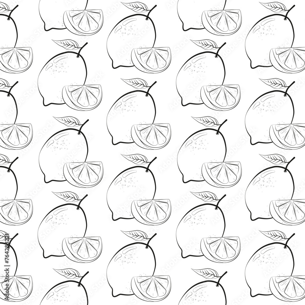 Seamless pattern with fresh lemon fruit in line drawing style. Vector illustration on a white background