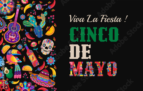 happy cinco de mayo banner with colorful Mexican ornament. Fiesta, holiday poster, party flyer, greeting card