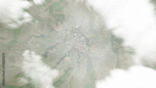 Earth zoom in from space to Leskovac, Serbia. Followed by zoom out through clouds and atmosphere into space. Satellite view. Travel intro. Images from NASA photo