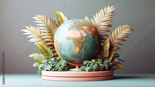 a globe with a palm tree on it and a plant on the top