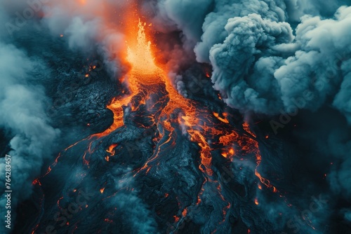An aerial photograph showcasing the dynamic interaction between molten lava and the ocean, as the flowing lava enters the water, A fiery volcanic eruption with swirling smoke and lava, AI Generated