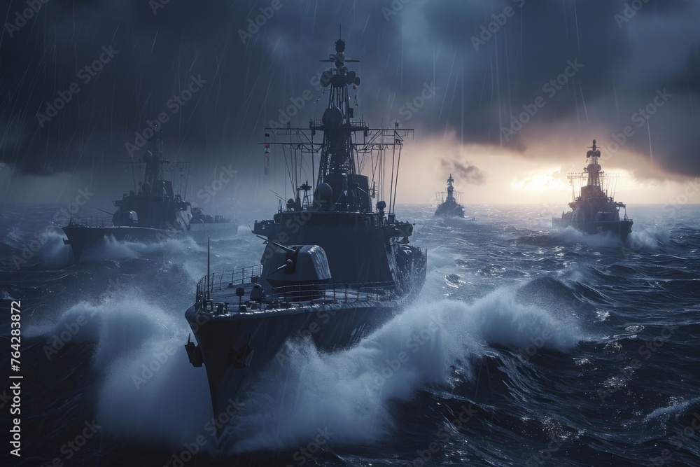 Several ships sailing in the open ocean, creating a scene of maritime activity, A fleet of gray destroyer ships sailing through a stormy sea at dusk, AI Generated