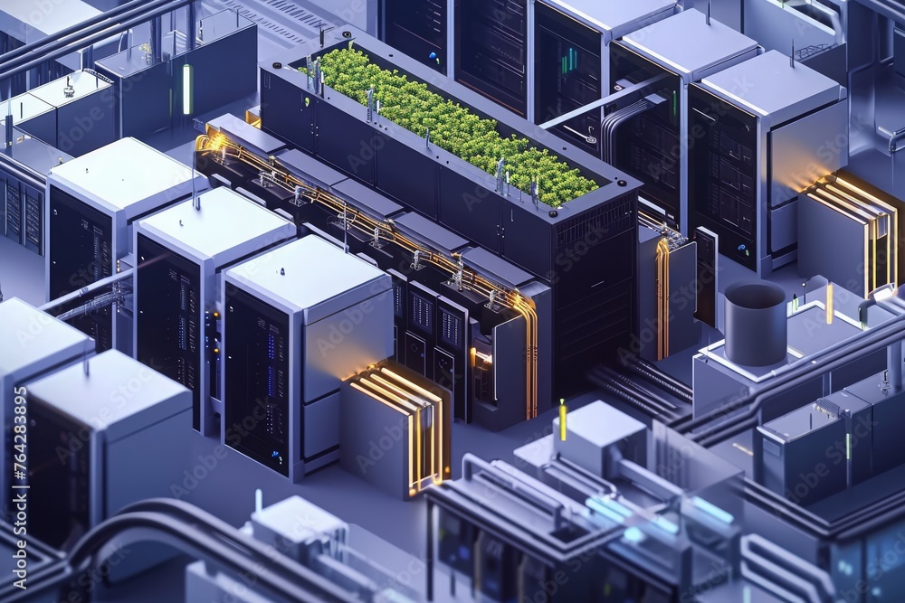 A group of servers overtaken by plants and vegetation, showcasing the resilience of nature in unexpected spaces, A flipbook style animation of a day in the life of a NAS system, AI Generated - obrazy, fototapety, plakaty 