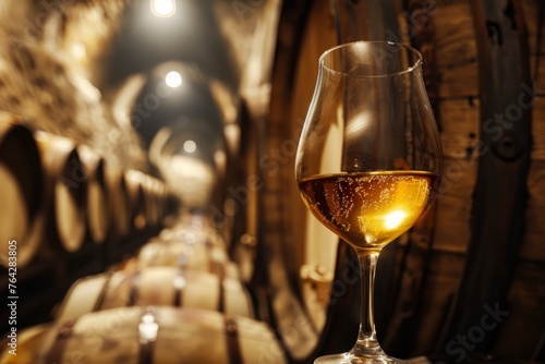Luxurious Golden Wine in Glass, Wine Cellar Soft Glow © Ilia Nesolenyi
