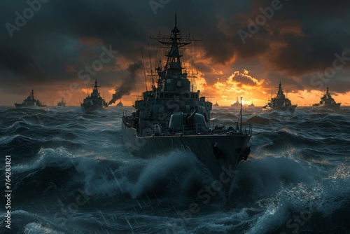 This photo depicts a painting showcasing a group of ships sailing through the vast ocean, A fleet of gray destroyer ships sailing through a stormy sea at dusk, AI Generated