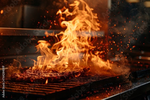 Hot Flames Engulfing Steak on the Grill, Vibrant Fire Action