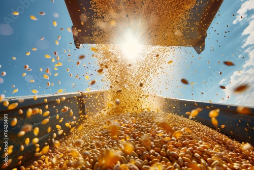 Agricultural Marvel: Golden Seeds Plunging from Harvester