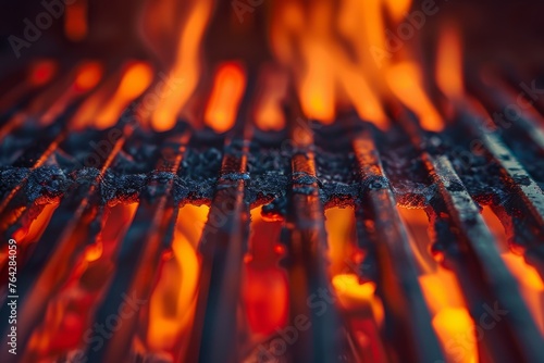 Grill Close-Up: Metal Bars Against Vivid Flames