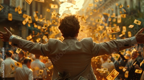 businessman standing in the middle of crowd on wall street  raises his arms and stands under money rain  A lot of dollar banknotes falling on smiling man. Concept of success and wealth