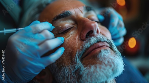 aged man with facial treatment in aesthetic clinic  receives a botox injection above her face  her eyes are closed and the doctor is wearing medical gloves