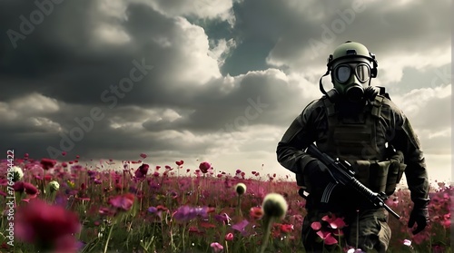 A soldier wearing a gas mask walks in a field of flowers, a very atmospheric contrast zoom animation. Generative AI photo