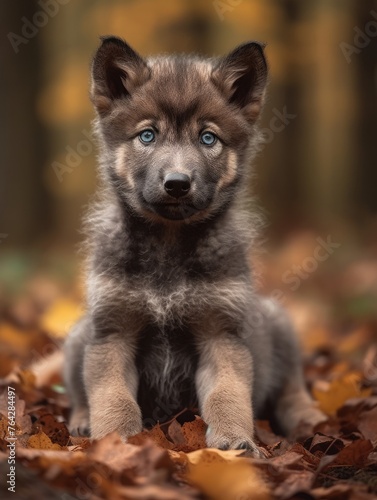Gray husky puppy sitting in the leaves.