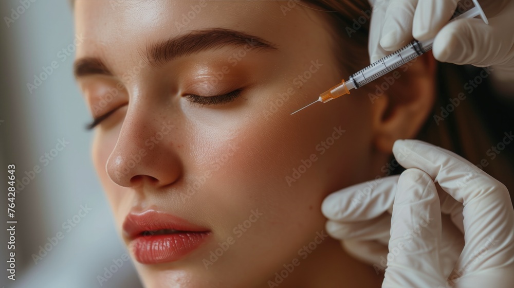 woman with facial treatment in aesthetic clinic, receives a botox injection above her face, her eyes are closed and the doctor is wearing medical gloves. woman with facial treatment in aesthetic clinic, receives a botox injection above her face, her eyes are closed and the doctor is wearing medical gloves.