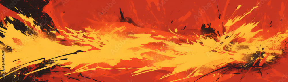 Abstract fiery background with aggressive brush strokes and splashes in red and yellow.