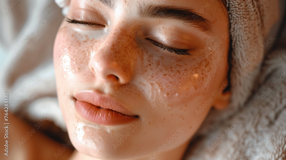 woman with facial treatment in aesthetic clinic, receives a botox injection above her face, her eyes are closed and the doctor is wearing medical gloves. woman with facial treatment in aesthetic clinic, receives a botox injection above her face, her eyes are closed and the doctor is wearing medical gloves.
