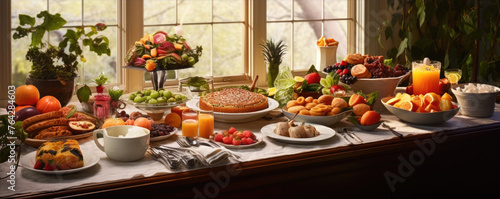 Healthy breakfast table, fruits meat and salads fresh food. banner