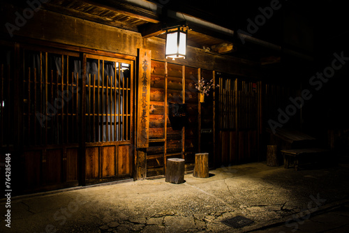 Tsumago, Japan - March 21 2016: Tsumago town night pictures and japanese traditional village houses with sign board
