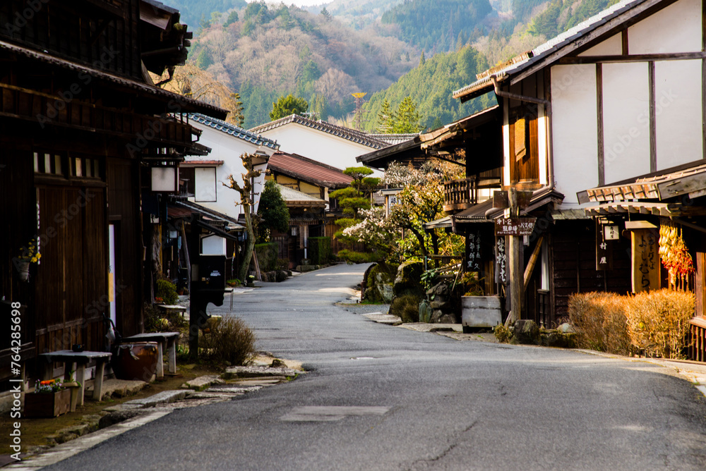 Tsumago, Japan - March 21 2016: Tsumago town daytime and japanese traditional village houses Tsumago, Japan - March 21 2016: Tsumago town daytime and japanese traditional village houses
