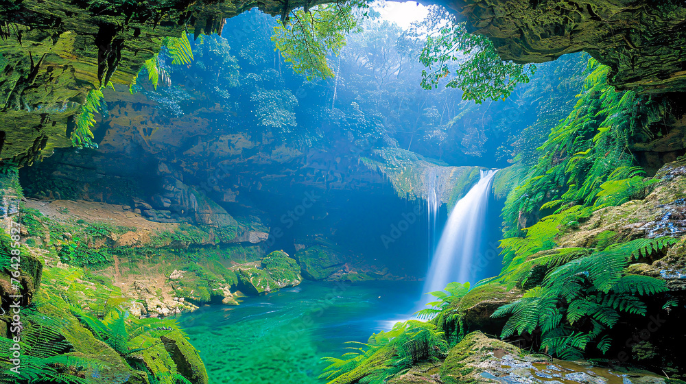 Scenic waterfall in a lush forest, tranquil nature beauty, tropical paradise view