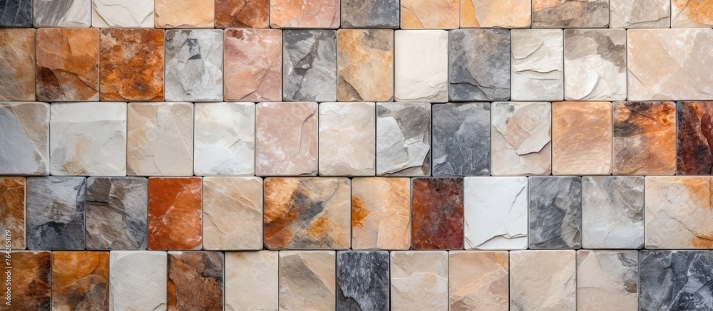 A detailed view of a wall constructed with a variety of colorful stone tiles A detailed view of a wall constructed with a variety of colorful stone tiles