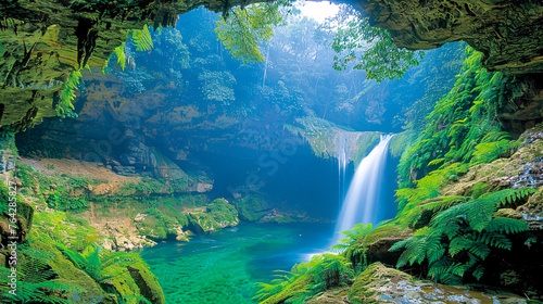 Obraz na płótnie Scenic waterfall in a lush forest, tranquil nature beauty, tropical paradise view w salonie
